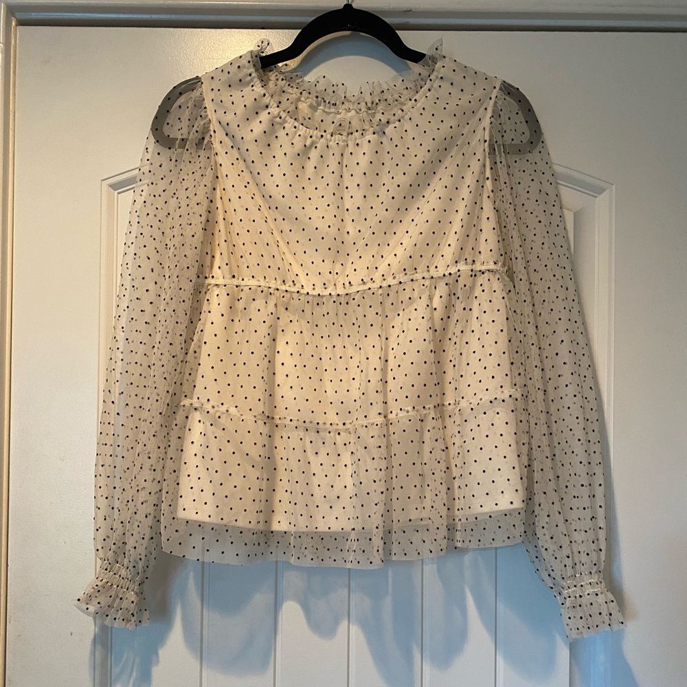 Wonder Nation Girls Tulle Black/ White Polka Dot Blouse Sheer Sleeves- Size XXL